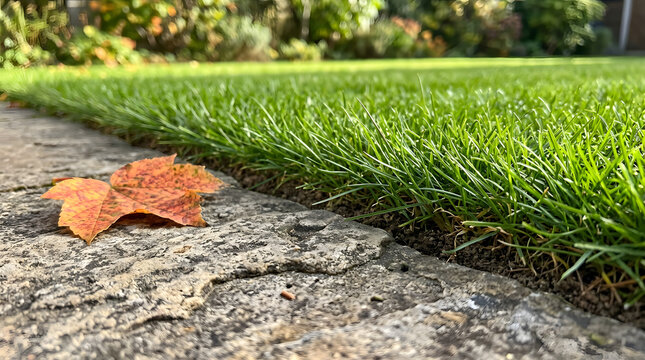 Professional lawn edging and landscaping | Autumn leaf on stone garden path | Clean cut grass edge against patio | High quality backyard garden maintenance