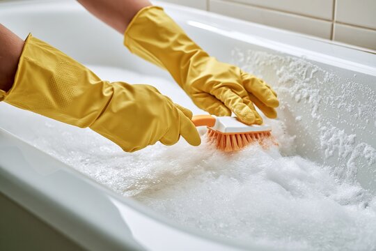 Cleaning the Tub: Gloved Hands Scrubbing Foam-Filled Bathtub