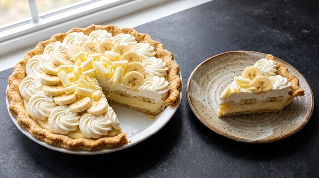 A stunning classic banana cream pie presented as a premium homemade dessert, Summer desert