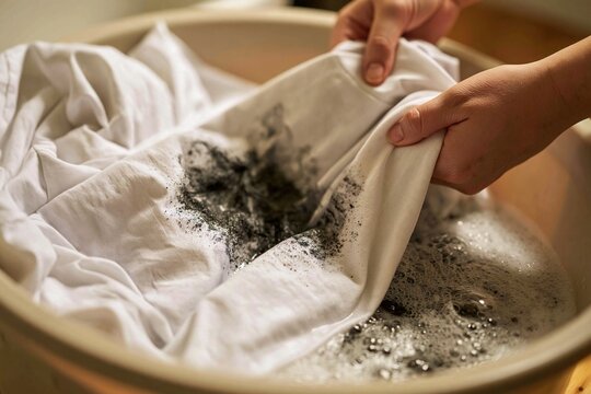 Hand washing a stained white shirt in soapy water.