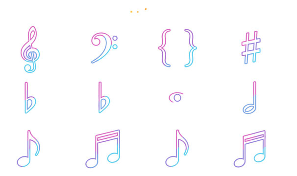  Music Notation Line Icon Set featuring Treble Bass Clef Notes Sharp Flat Braces and Musical Sound Symbols for Audio Player Interface Media Graphic Designs