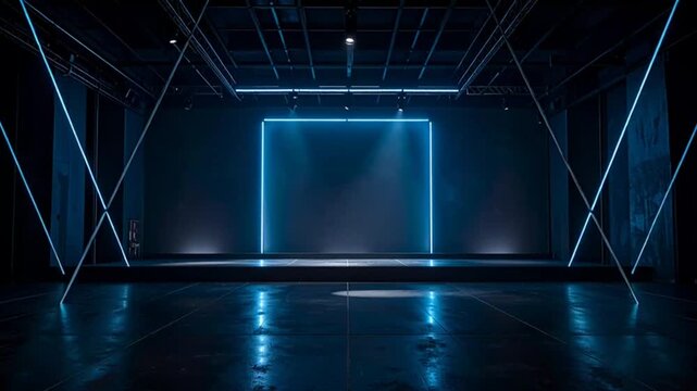 Futuristic Neon Stage with Blue Lights and Square Frame, Modern Dark Interior with Reflections