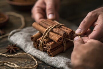 Fototapeta premium Hands tying cinnamon sticks into a bundle.