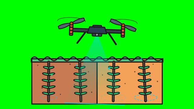 Animation of an agricultural drone scanning and monitoring crops in the field, smart farming technology concept on green screen background