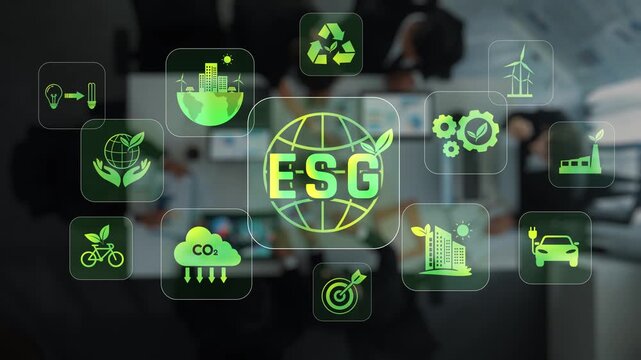 A creative ESG concept illustration showcasing various icons that represent sustainable practices and corporate responsibility in a modern business environment. Raster