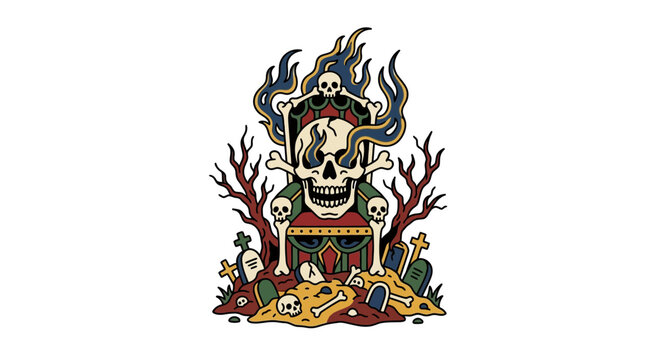 Skull Throne with Bones and Graves, Tattoo Art Style