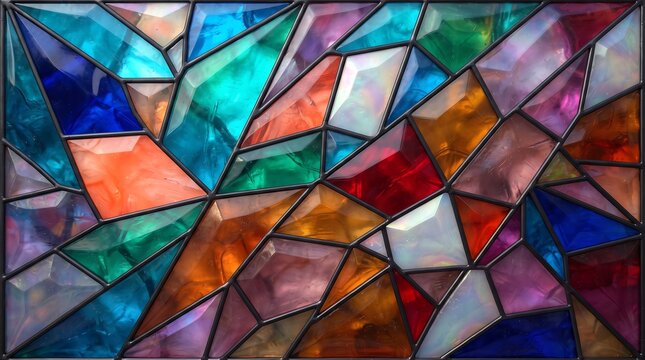 Abstract stained glass window with faceted geometric shapes in a vibrant mosaic of colorful translucent glass panels