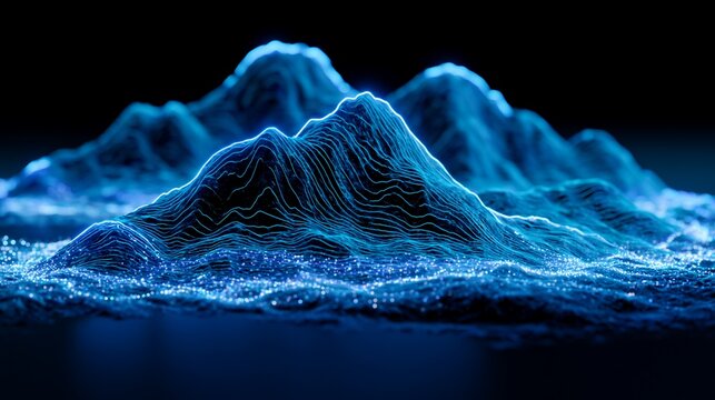 Glowing blue lines form a digital mountain range against a dark background to show topographic data or scientific visualization in a modern virtual environment