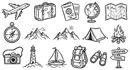 Fototapeta premium A collection of hand drawn travel icons featuring adventure equipment and tourism symbols for vacation design projects