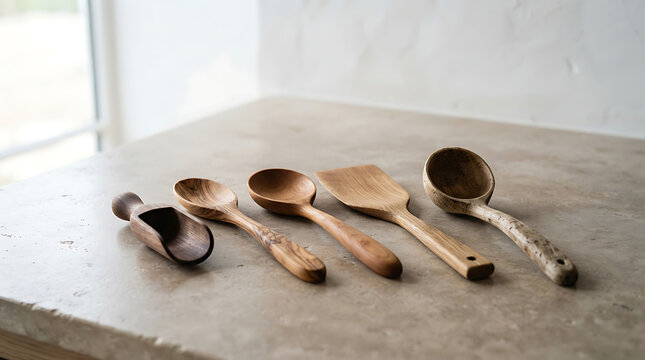 A collection of rustic handcrafted wooden kitchen utensils arranged on a light stone countertop in a bright kitchen