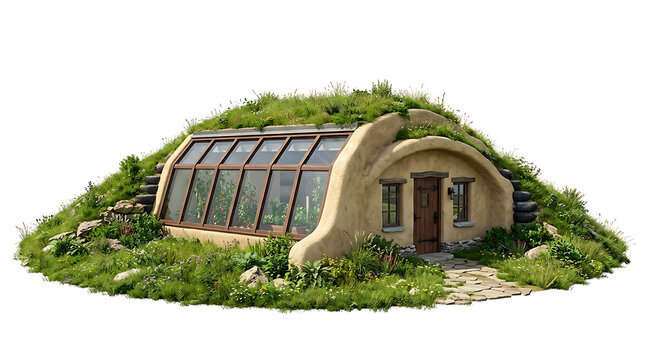 Earth sheltered greenhouse house with grass roof isolated on white background