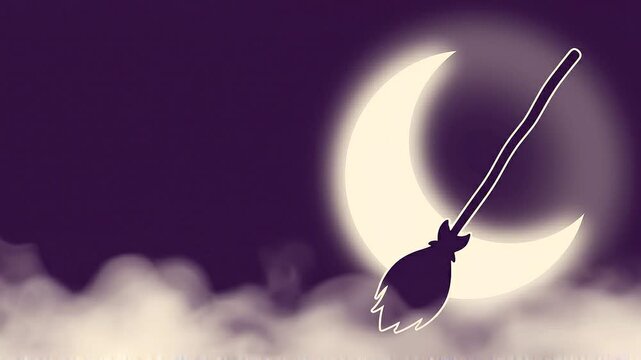 Broom Leaning Against Glowing Crescent Moon in Night Sky