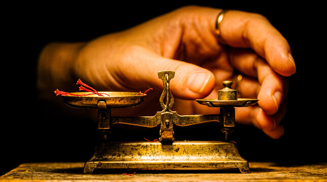 Hand Adjusting Antique Brass Balance Scale &mdash; Justice, Equilibrium, and Fairness Concept on Dark Background