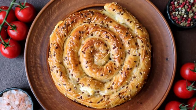 Greek cheese and sesame pie, a traditional Balkan dish. Balkan pie as a food background for your design