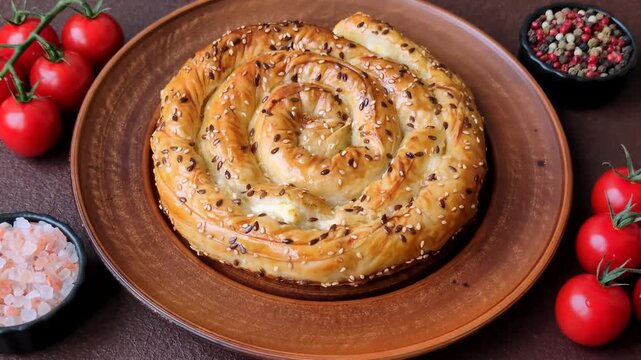 Greek cheese and sesame pie, a traditional Balkan dish. Balkan pie as a food background for your design