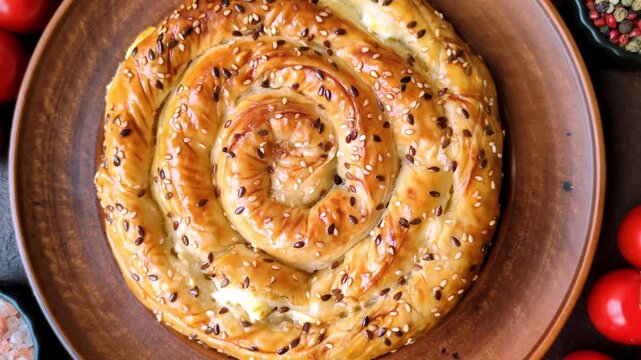 Greek cheese and sesame pie, a traditional Balkan dish. Balkan pie as a food background for your design