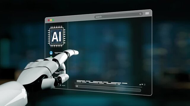 A futuristic robot hand interacts with a translucent touchscreen displaying colorful abstract patterns and artificial intelligence images in a digital setting. Synapse