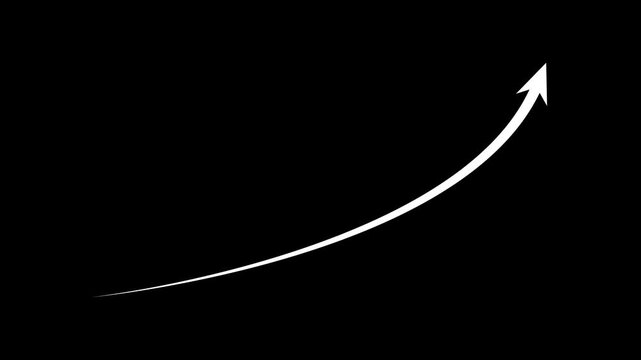 Animated white growth arrow rising upward on black background, for business success, and financial performance, data visualization