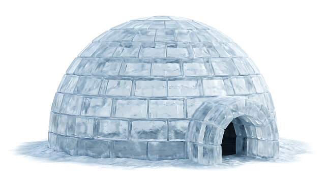 A traditional dome shaped igloo made of ice blocks isolated on white background