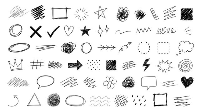 Black pen scratch doodle and short phrases collection for hand drawn notes, journaling and graphic design. Thin blue marker doodles and scribbles, hand drawn stickers, emphasis vector elements.
