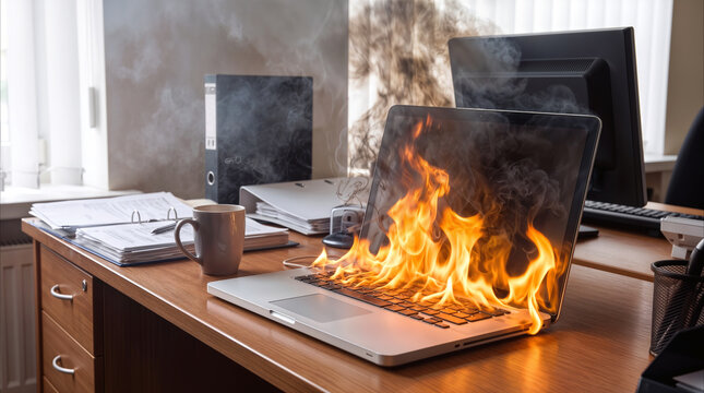 Laptop computer catching fire on office desk. Overheating electronic device burning with flames and smoke in workplace environment.