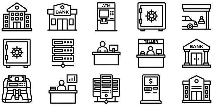 Set of banking and financial services icons featuring bank buildings safes tellers and automated teller machines