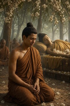 Buddhist monk meditating beside reclining Buddha statue in a flower-filled forest. Spiritual reflection, mindfulness, Buddhist teaching, and peaceful religious contemplation.