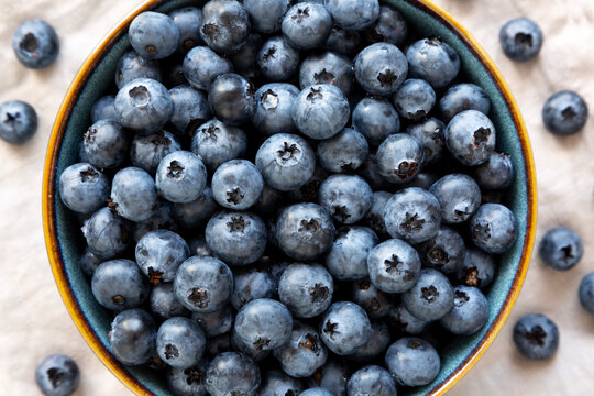 Healthy Organic Raw Blueberries in a Bowl, top view.