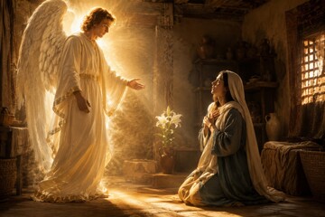 Fototapeta premium Angel appearing to praying woman in a humble ancient room. Divine revelation, faith, hope, biblical story, spiritual guidance, and religious Christmas concept.