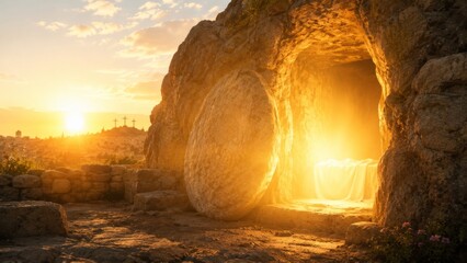 Naklejka premium Empty tomb with rolled stone and radiant light at sunrise. Christian resurrection scene symbolizing Easter, hope, faith, salvation, and spiritual renewal.