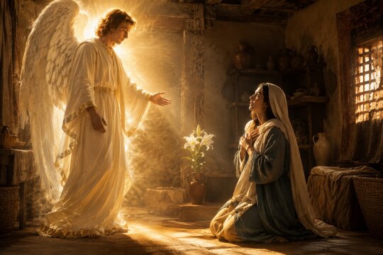Angel appearing to praying woman in a humble ancient room. Divine revelation, faith, hope, biblical story, spiritual guidance, and religious Christmas concept.