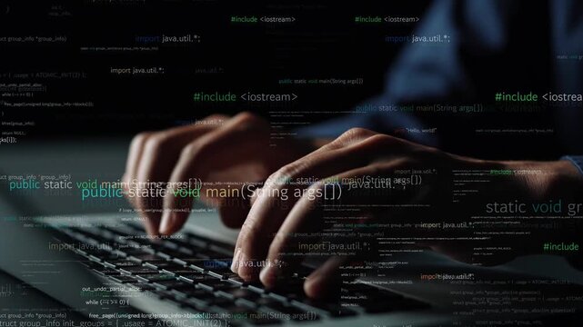 A close-up view of hands typing on a laptop keyboard surrounded by abstract programming code, symbolizing the dynamic world of software development and technology. Xenic