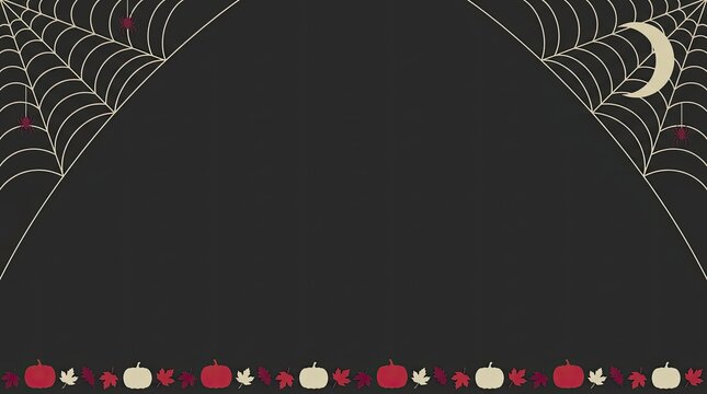 A dark halloween background featuring a crescent moon and intricate spider webs with a festive decorative border below
