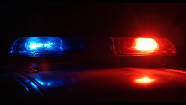 Close-up of an illuminated emergency vehicle light bar flashing red and blue at night