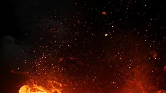 fire flames and glowing embers with smoke in dark background, fire sparks explosion and smoke particles in night environment