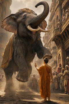 A monk stands fearlessly before a giant elephant in an ancient city street, surrounded by an awe-struck crowd witnessing the confrontation