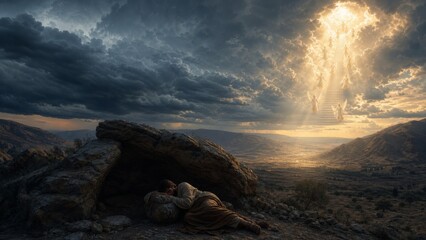 Fototapeta premium Biblical scene of a praying man resting beside a cave as angels ascend a radiant staircase through storm clouds. Spiritual vision, faith, revelation, and divine connection concept.