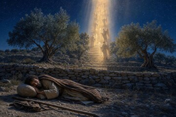 Fototapeta premium Sleeping man dreams of angels ascending a radiant stairway to heaven beneath ancient olive trees at night. Biblical vision of faith, hope, spirituality, and divine revelation.