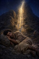 Fototapeta premium Sleeping man dreams of angels ascending a radiant mountain staircase under a starry night sky. Spiritual vision symbolizing faith, heaven, salvation, and divine guidance.