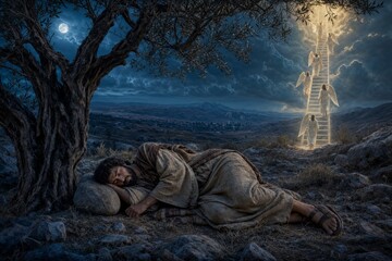 Fototapeta premium Sleeping man beneath an olive tree sees angels ascending a radiant ladder to heaven. Biblical dream vision symbolizing faith, revelation, spirituality, hope, and divine connection.