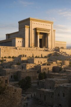 Ancient Jerusalem temple reconstructed above the city ruins. Biblical history, sacred architecture, archaeology, faith and heritage concept.