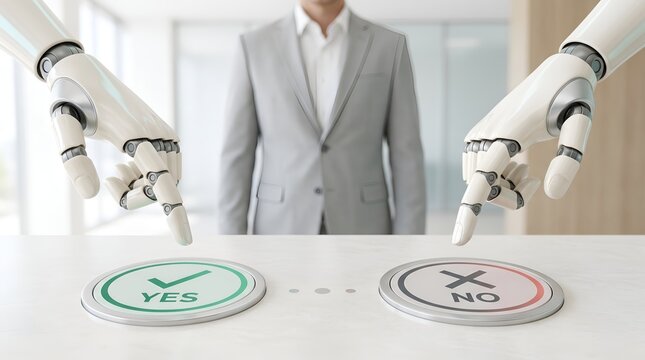 Robot hands choosing between yes and no buttons in front of businessman