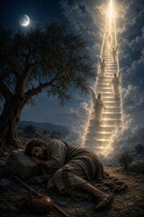 Fototapeta premium Sleeping man beneath a tree sees a radiant stairway to heaven with angels ascending through clouds. Biblical dream, spiritual vision and faith concept under the moonlit sky.