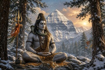 Fototapeta premium Hindu deity Shiva meditating in a snowy mountain forest beside a trident and sacred cobra. Spirituality, yoga, devotion, and Himalayan wilderness concept.