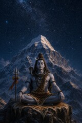 Fototapeta premium Hindu deity Shiva meditating before a snow covered mountain under a starry night sky. Spiritual devotion, yoga, Himalayan mysticism, divine power and inner peace concept.