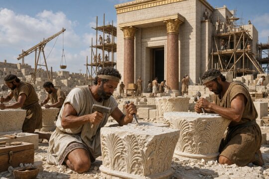 Ancient stone mason carving ornate capitals at a monumental temple construction site. Historical architecture, traditional craftsmanship, and biblical era building concept.