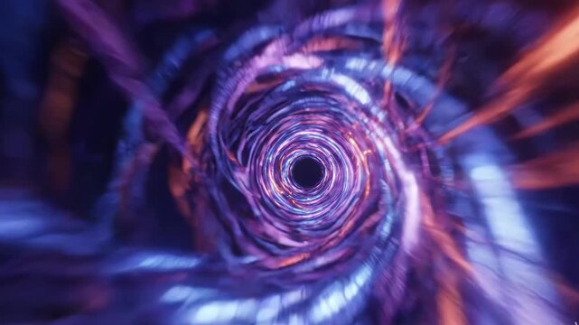 Abstract tunnel vortex with glowing purple and orange light trails in a highspeed motion blur effect