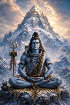 Hindu god Shiva meditating before a snowy mountain peak with trident and serpent. Spiritual devotion, yoga, Himalayan mythology, and inner peace concept.