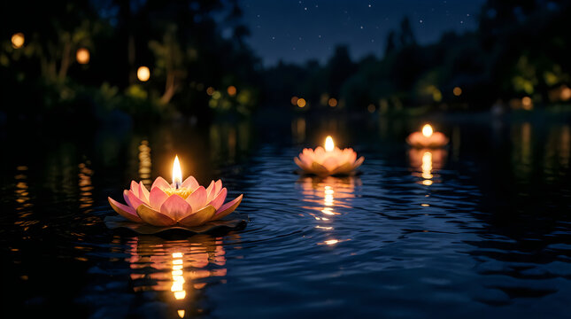 Floating lotus flowers illuminate a peaceful night river scene