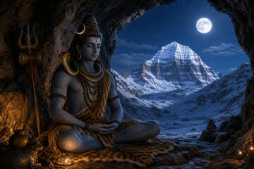 Fototapeta premium Hindu deity Shiva meditating inside a mountain cave beneath the full moon with snowy Himalayan peak, spiritual yoga and divine nature concept